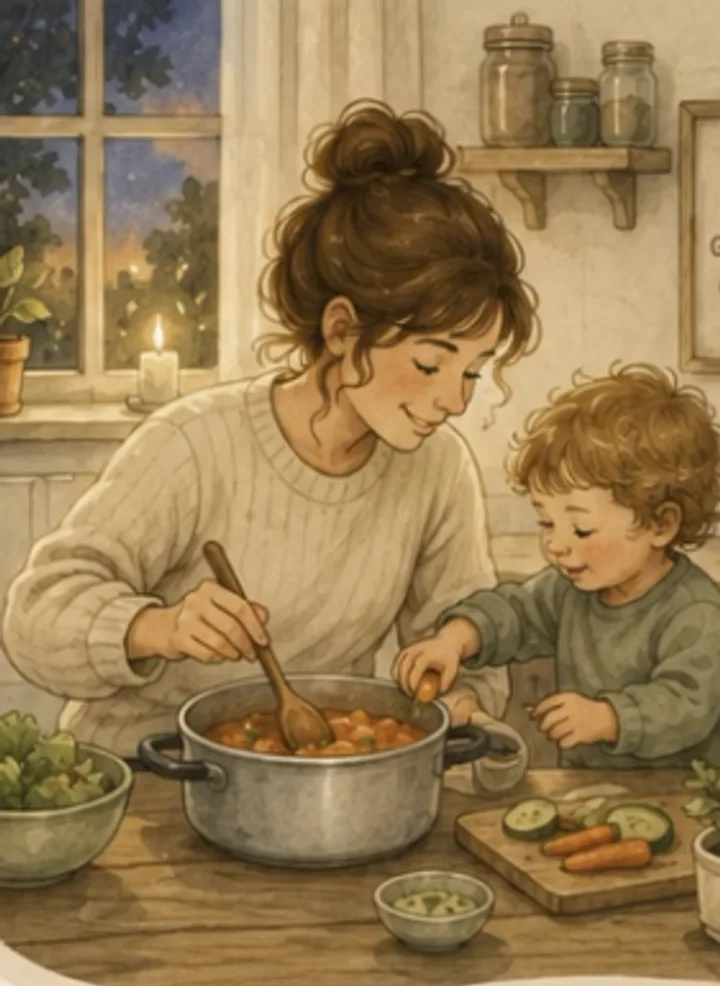 Illustration: Mama und Kleinkind kochen gemeinsam in einer gemütlichen Küche