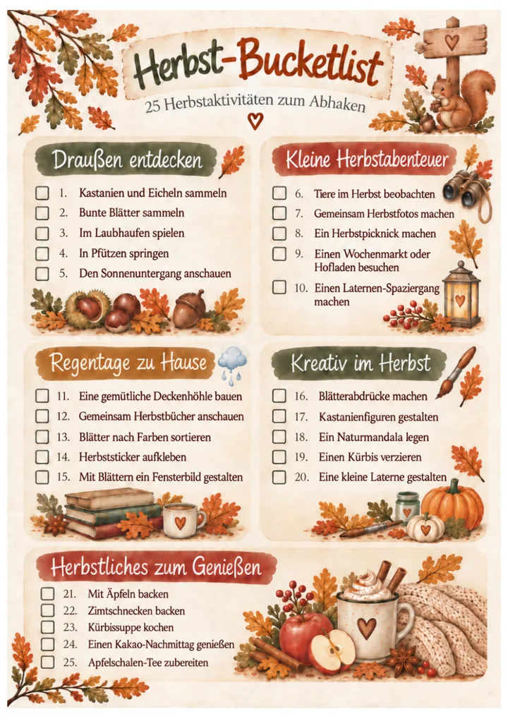 Herbst-Bucketlist mit allen 25 Aktivitäten zum Abhaken
