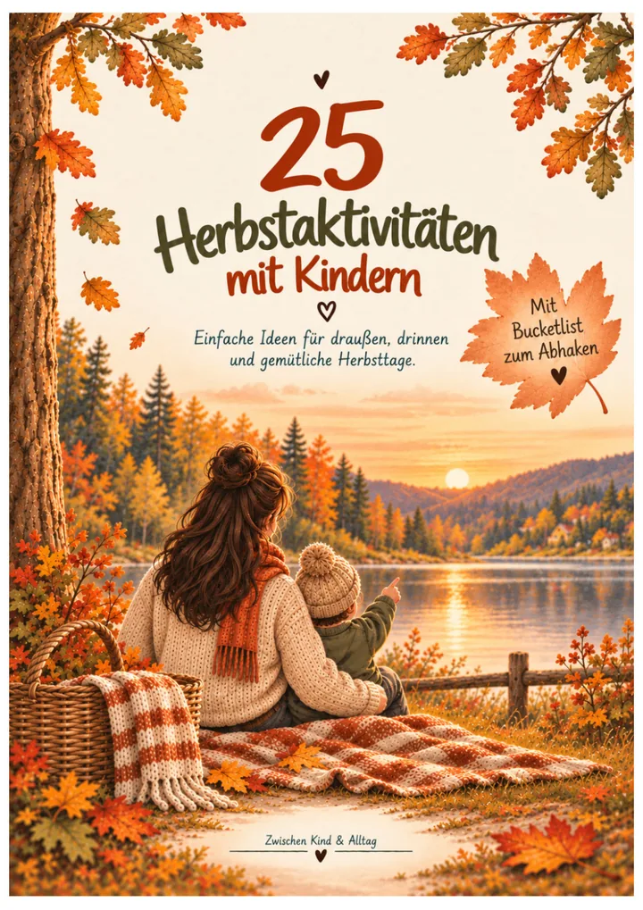 Titelseite „25 Herbstaktivitäten mit Kindern“: Mutter und Kind sitzen auf einer Decke am Herbstsee