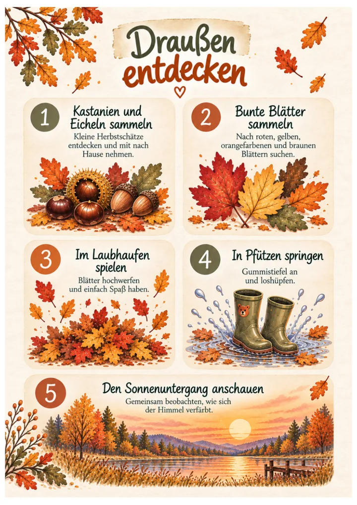 Seite „Draußen entdecken“ mit Ideen wie Kastanien sammeln und in Pfützen springen
