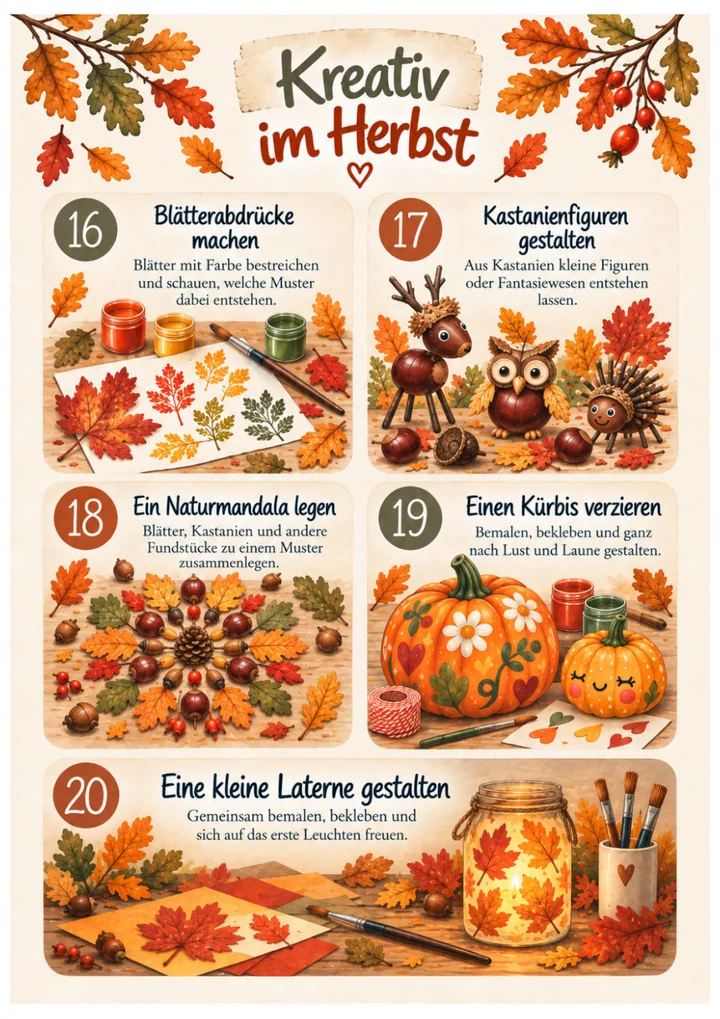 Seite „Kreativ im Herbst“ mit Blätterabdrücken, Kastanienfiguren und Naturmandala