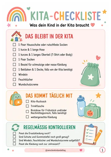 Erste Seite der Kita-Checkliste mit Regenbogen, Rucksack und Brotdose