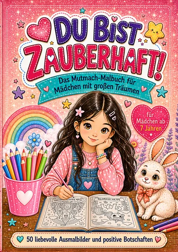 Cover des Malbuchs „Du bist zauberhaft!“: Mädchen malt an einem Tisch, daneben ein Hase und ein Regenbogen