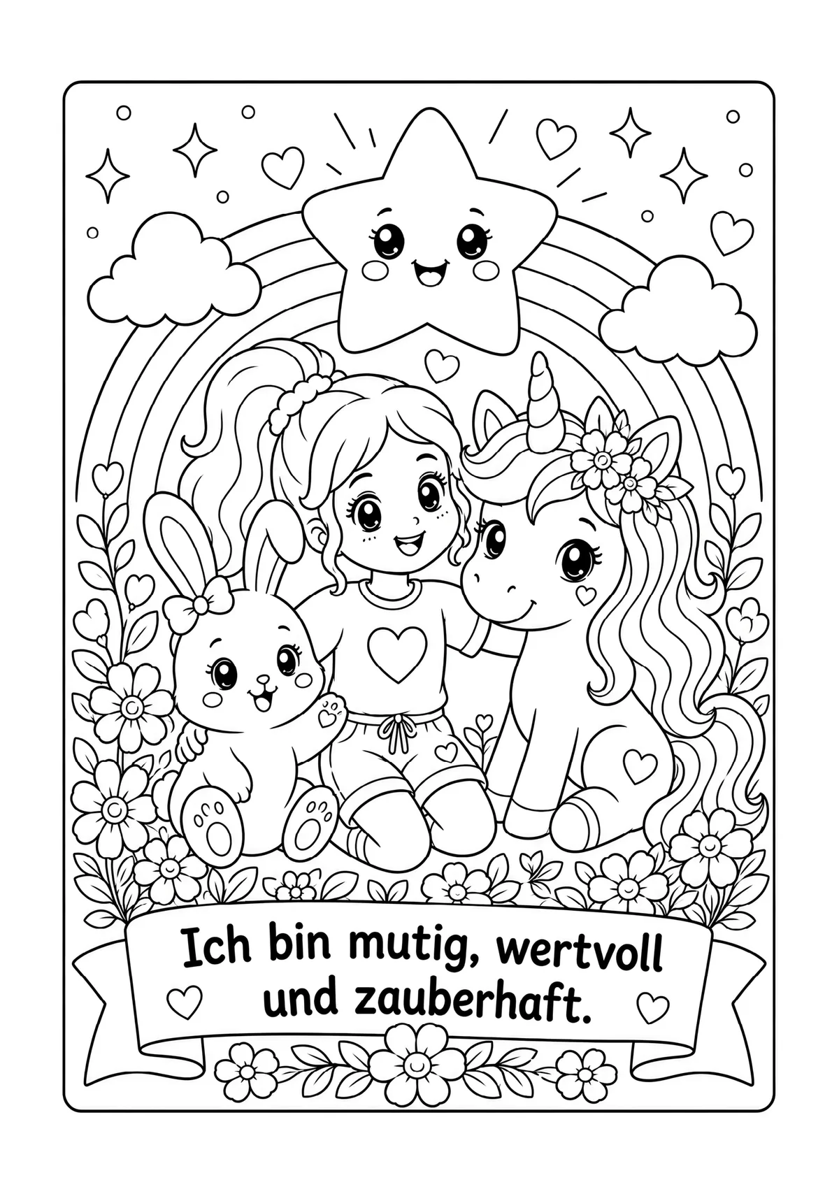 Ausmalseite: Mädchen mit Einhorn und Hase unter dem Regenbogen – „Ich bin mutig, wertvoll und zauberhaft.“