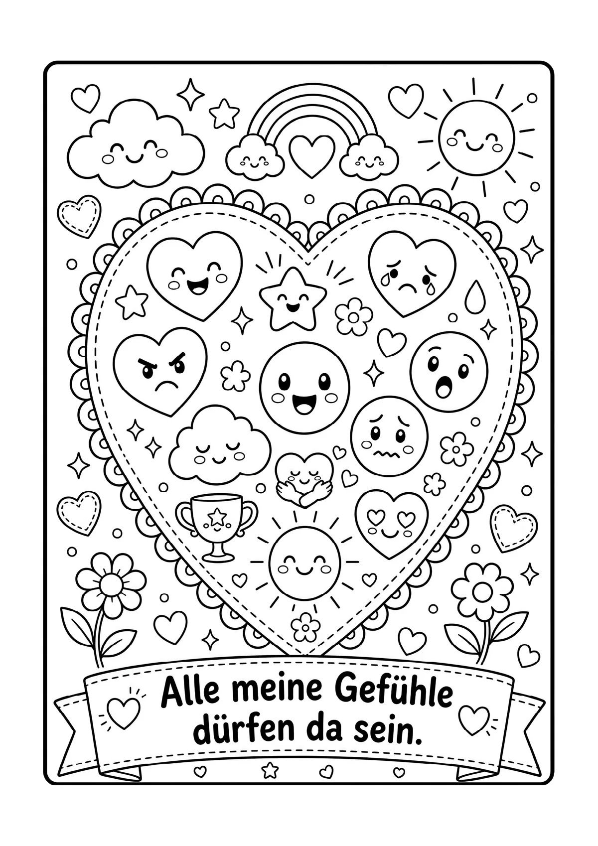 Ausmalseite: Herz mit Gefühls-Gesichtern – „Alle meine Gefühle dürfen da sein.“