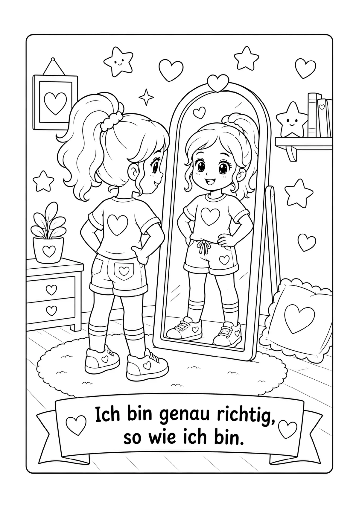 Ausmalseite: Mädchen vor dem Spiegel – „Ich bin genau richtig, so wie ich bin.“