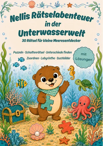 Cover des Rätselhefts: Otter Nelli mit Puzzleteil in einer bunten Unterwasserwelt