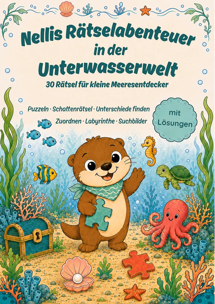 Cover des Rätselhefts: Otter Nelli mit Puzzleteil in einer bunten Unterwasserwelt