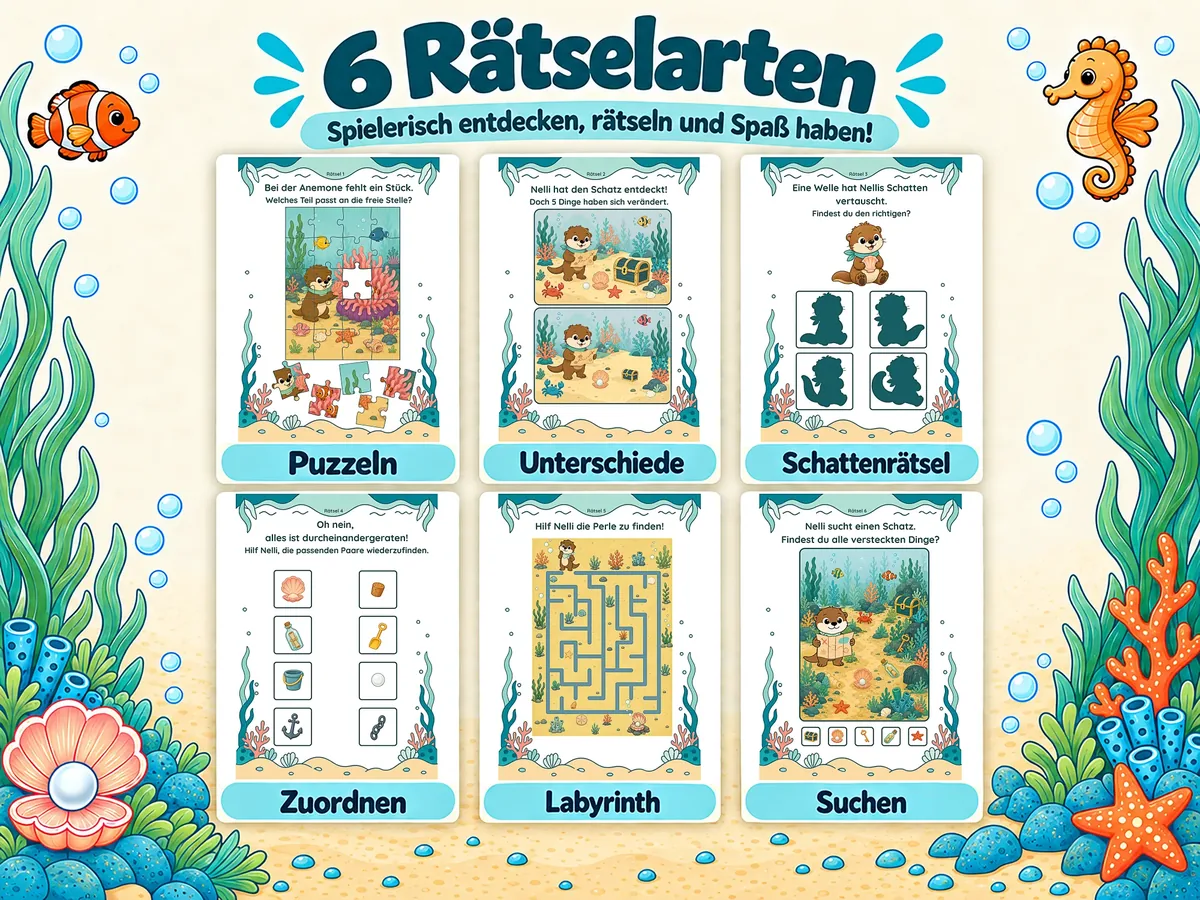 Übersicht der 6 Rätselarten: Puzzeln, Unterschiede, Schattenrätsel, Zuordnen, Labyrinth, Suchen